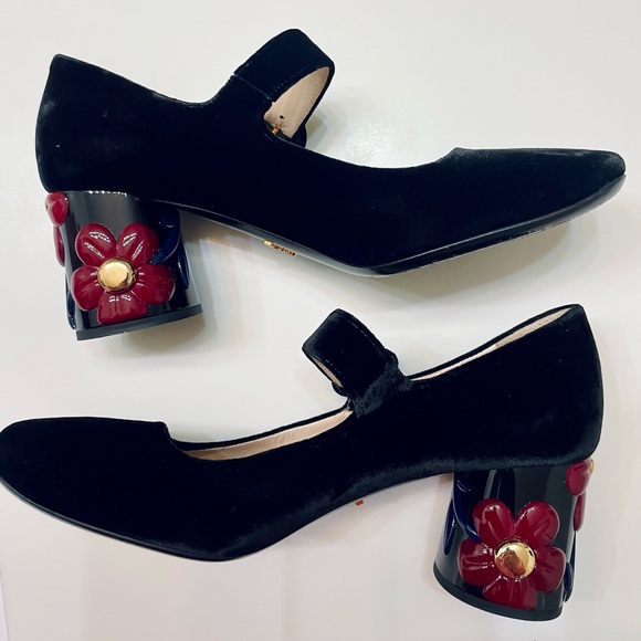 Prada Shoes - Prada Flower Heel Velvet Mary Janes